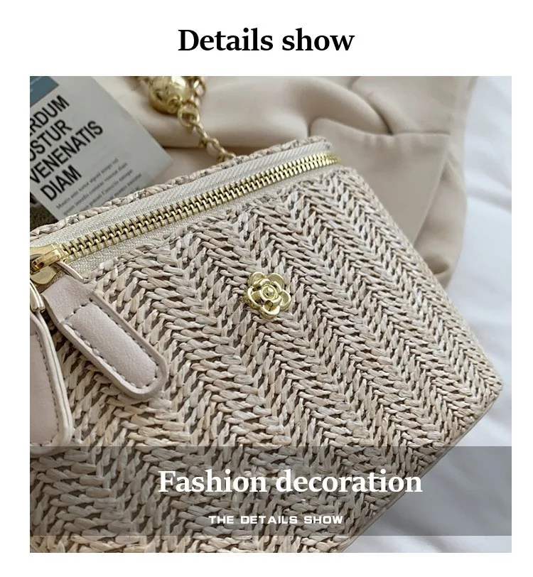 2026 Sommer Mini Stroh-Bucket-Crossbody-Tasche für Damen – Geflochtene Damenhandtaschen und -geldbörsen mit Kette, einfache Umhängetaschen – Detail 3