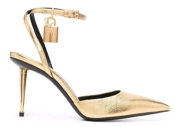 

Carpaton Newest Pointed Toe High Heel Shoes Gold Leather Padlock Ankle Strap Sexy Pumps Summer Cutouts Women Shoes