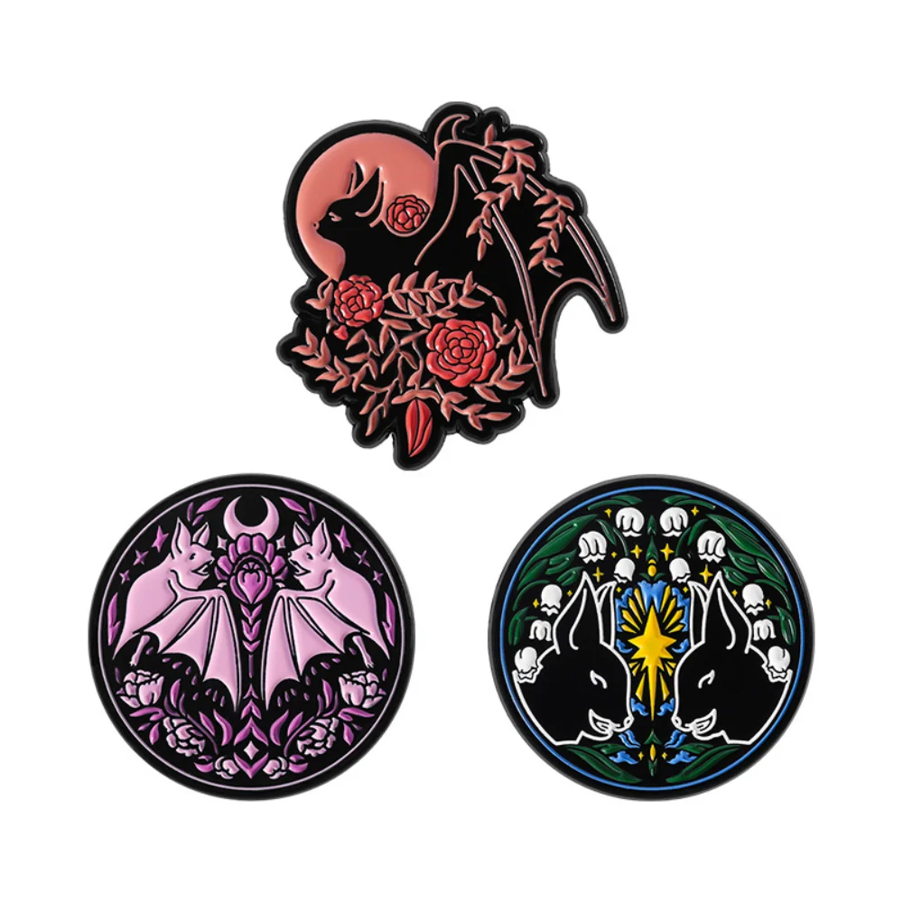 3 Pieces of Punk Style Bat Badges Moonlit Rose Purple Flower Bat Casual Wear Suit Clothing Pin for Woman Dress