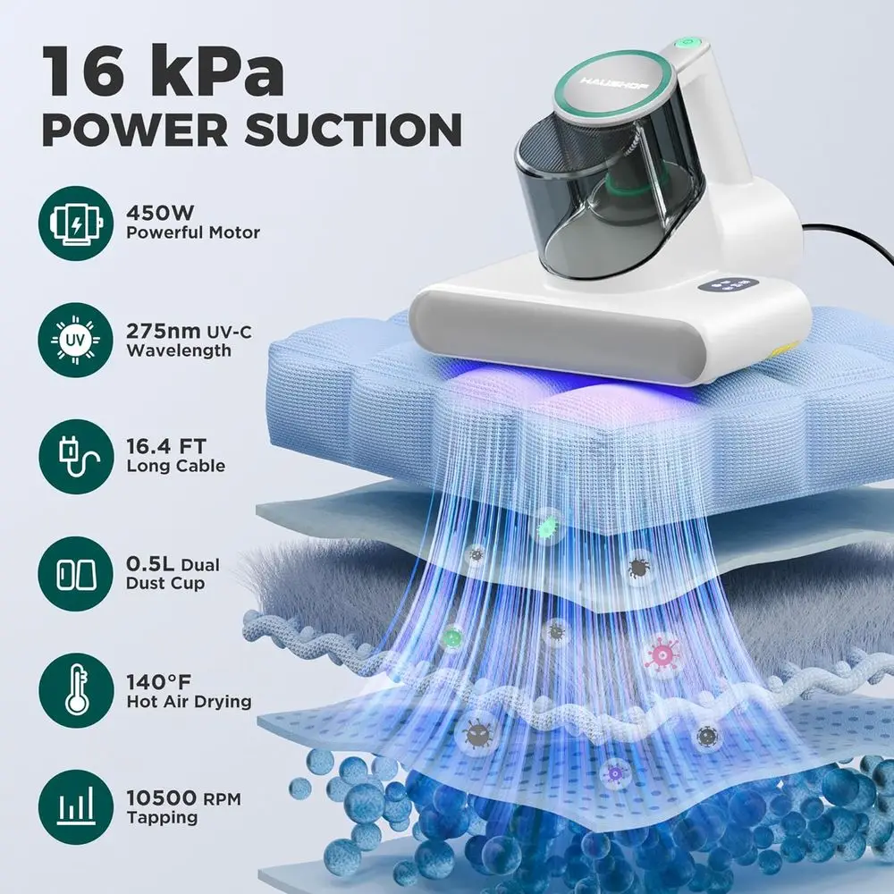 UV-C- en warmtematrasreiniger: 16kPa bedstofzuiger met HEPA, ultrasoon en dubbele bekers