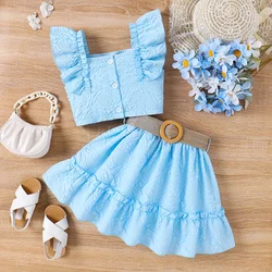 PatPat 2pcs Kid Girl Floral Textured Square Collar Ruffled Top and Belted Skirt Set  Casual/Outdoor Soft and Comfortable