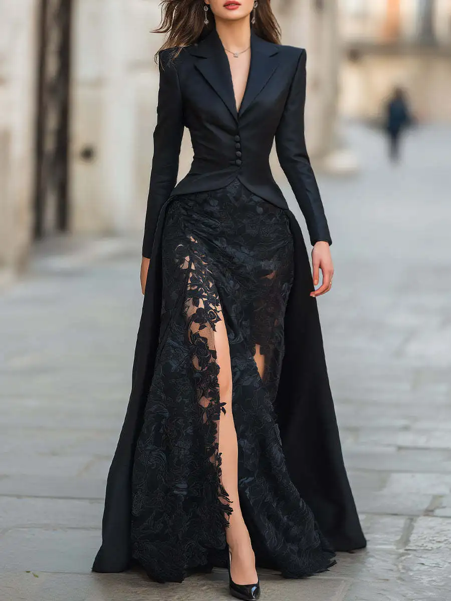 Women's Elegant Blazer Skirt Two Piece  Set Notched Collar Single Breasted Top and Floral Lace Split Skirt 2 Piece Sets Spring
