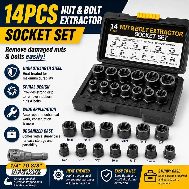 New 14Pcs Slide Nut Extractor Sleeve Set Nut Bolt Extractor Tool Suitable For Car And Motorcycle
