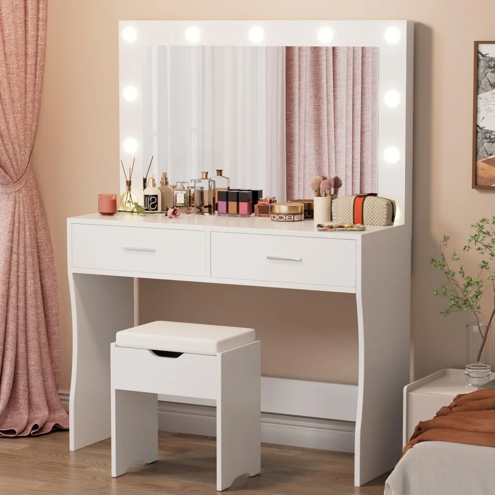 

Dressing Table Set with Large Mirror, 35.4-inch Makeup Dressing Table with 2 Drawers, Soft Cushioned Storage Stool, 3 Lights