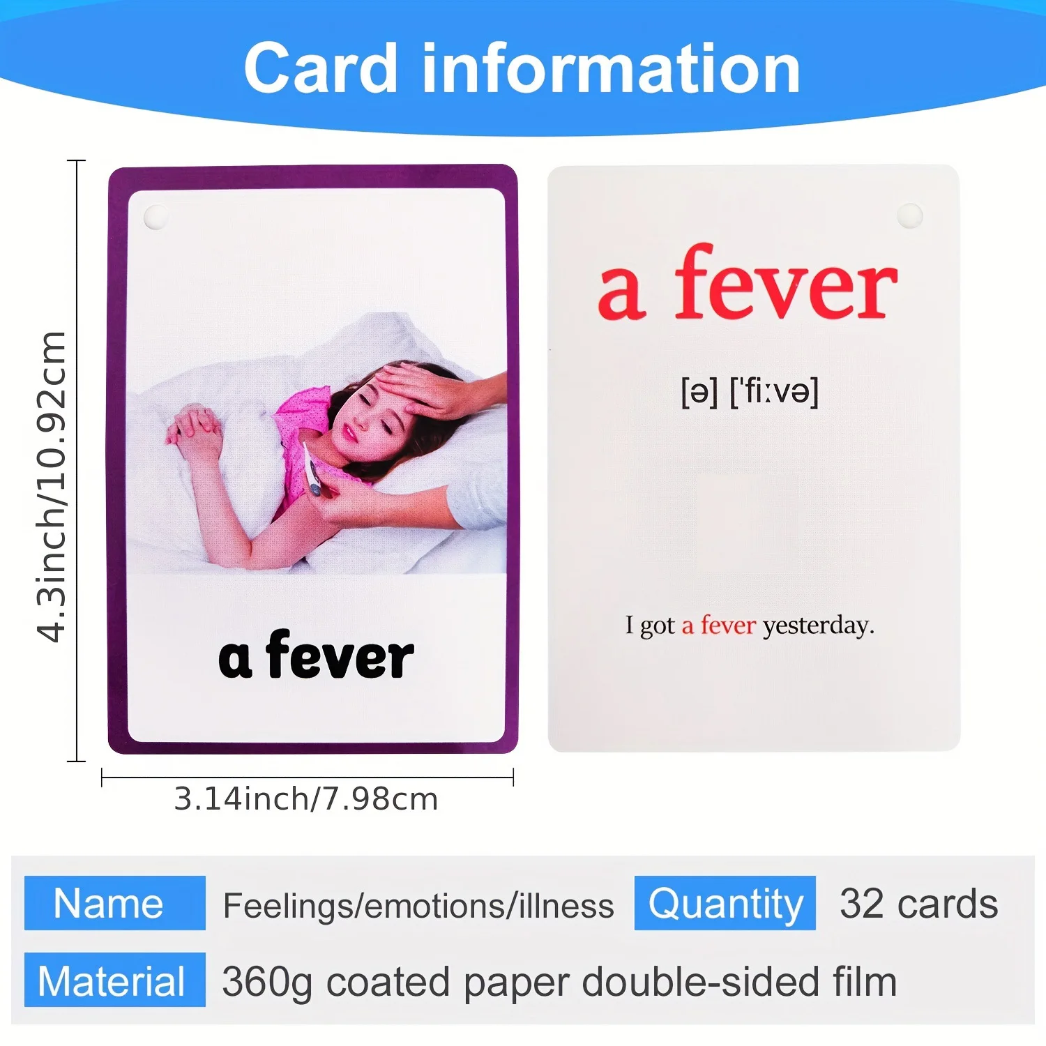 32Pcs Feelings Emotions and Illness Theme English Flashcards for Kids Baby Learning Double Side Cognitive Cards Teaching Aids
