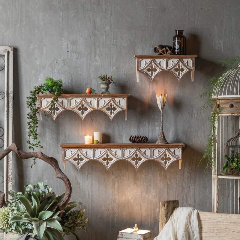 wall decoration American-style distr essed dining room storage rack, café feature wall decorat ion with carved shelves