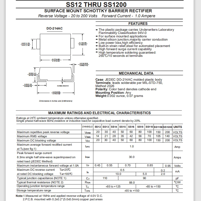 Lot 100PCS diode SS14 SS12 SS16 SS13 SS15 SS18 SS110 SS1150 SS1200 O-214AC диоды Шоттки