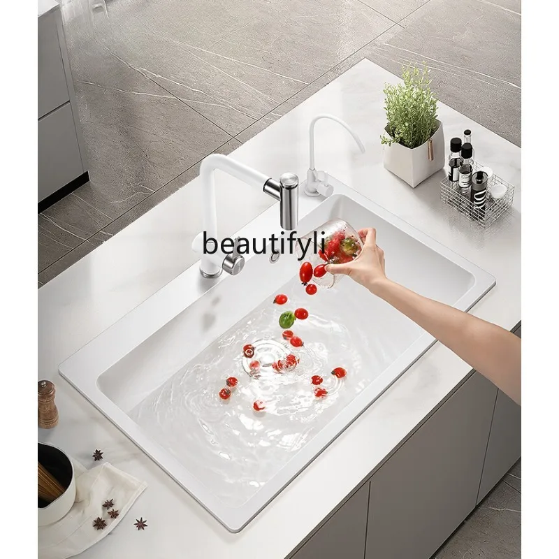 Cream Style Quartz Stone Washing Basin Single Sink Kitchen Sink Set Scullery Sink Household Vegetable Basin White under Counter