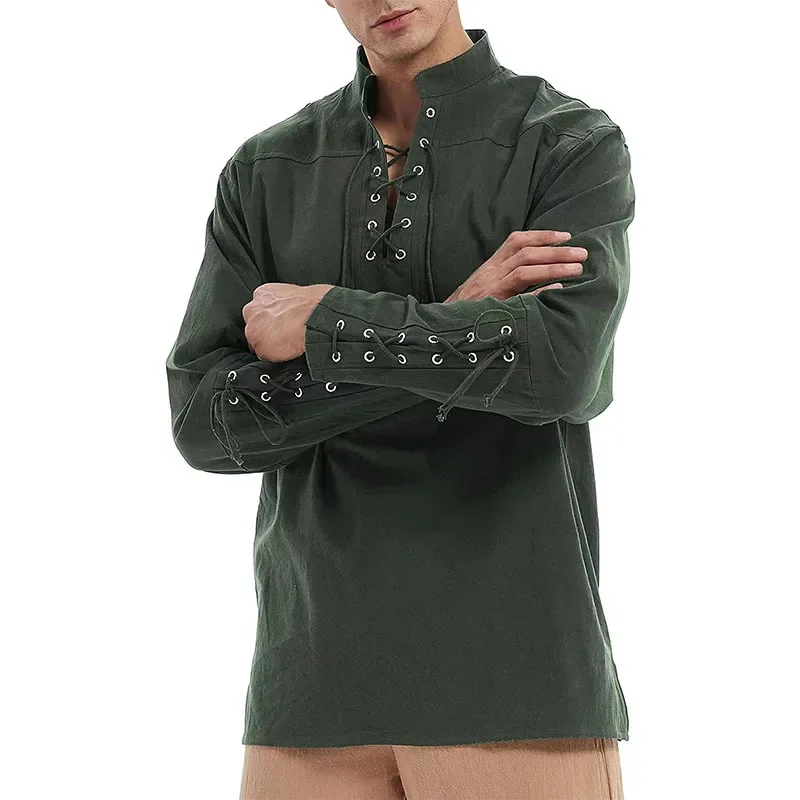 Spring Autumn Men's Gothic Polo Shirts Vintage Casual Stand Collar Solid Color Drawstring Long Sleeve Polos Men Punk Style Tops