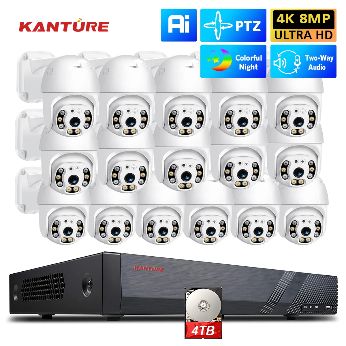 16CH 4K Poe Camera System H.265 8MP AI Human Detected 5MP Auto Tracking Ptz Camera Outdoor Two Way Audio Video Surveillance Kit