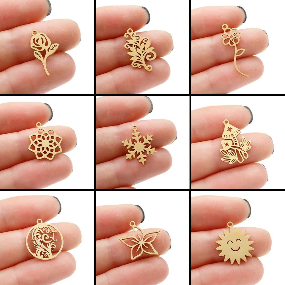 5Pcs New Arrival Snowflake Stainless Steel Necklace Earrings Pendant Flower Fashion Jewelry Handmade Diy Charm Accessories