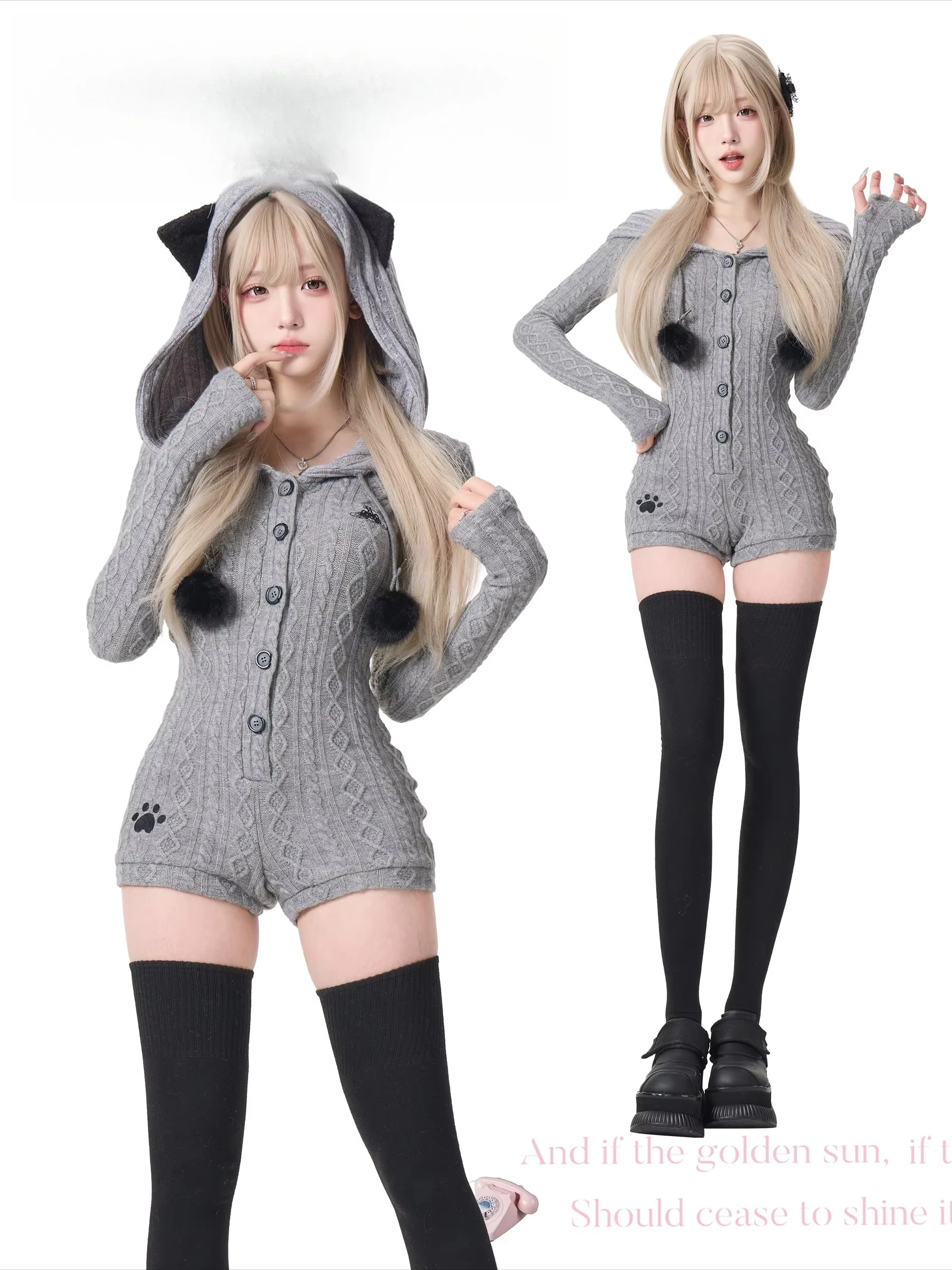 2026 Spring Original Japanese Sweet Kawaii Girl’s Knitted Jumpsuit Embroidered Hooded Single-Breasted Tight Playsuits for Women
