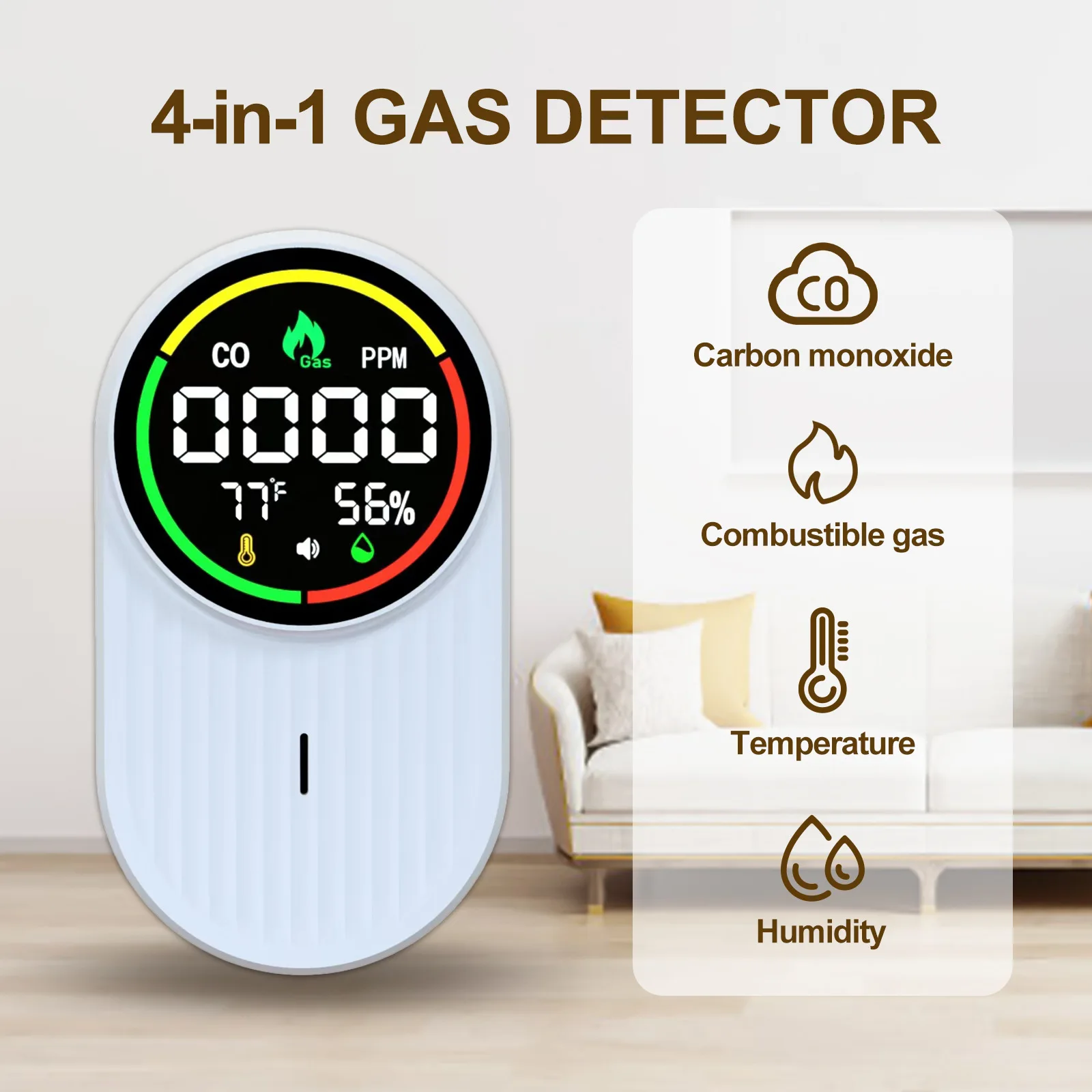 Carbon Monoxide Detector RV CO Combustible Gas Detector Household Wall Plug Temperature and Humidity 4-in-1 Detector