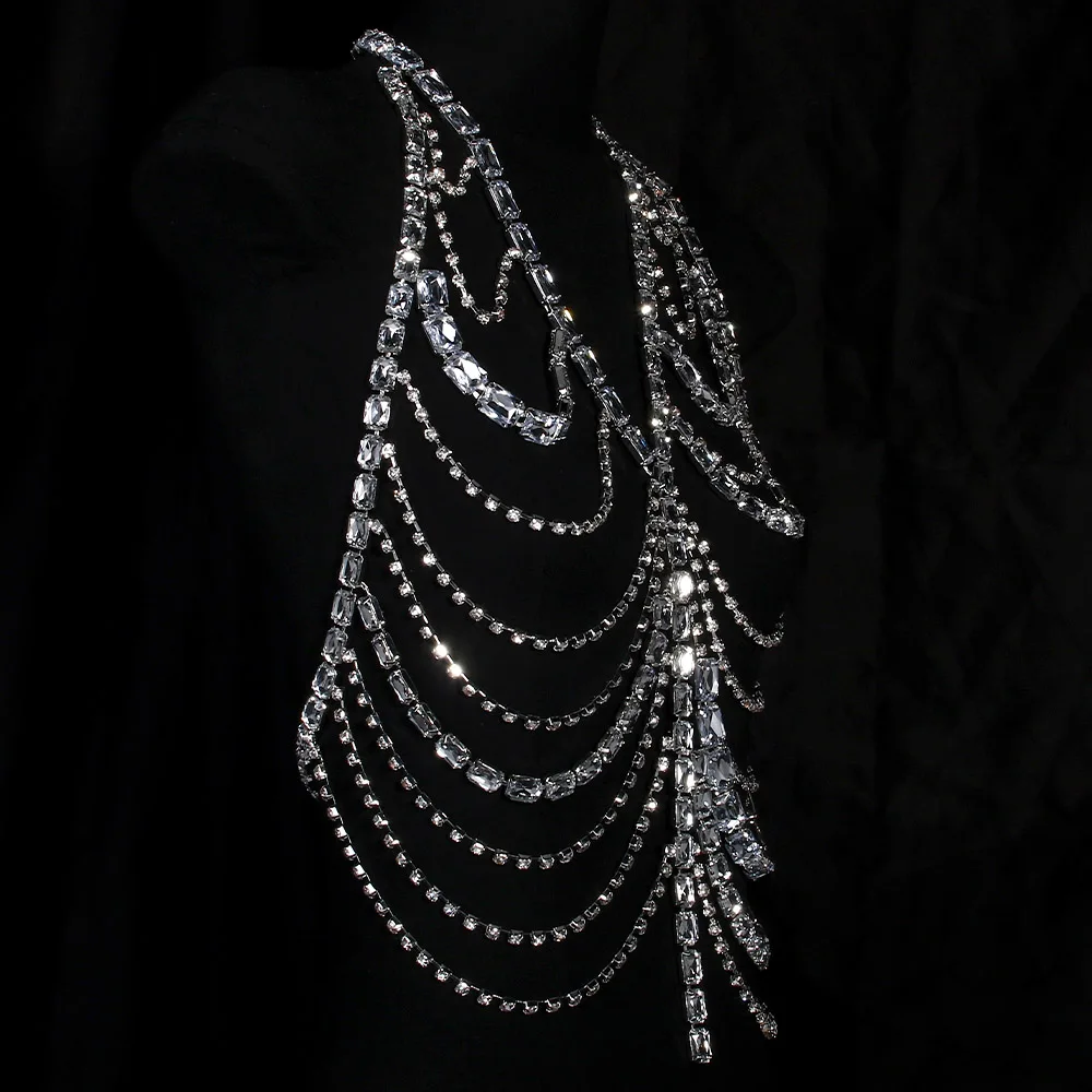 Stonefans Exaggerated Large Rhinestone Body Chain Jewelry Halloween Carnival Costume Crystal Chest Chain Lingerie Rave Outfits