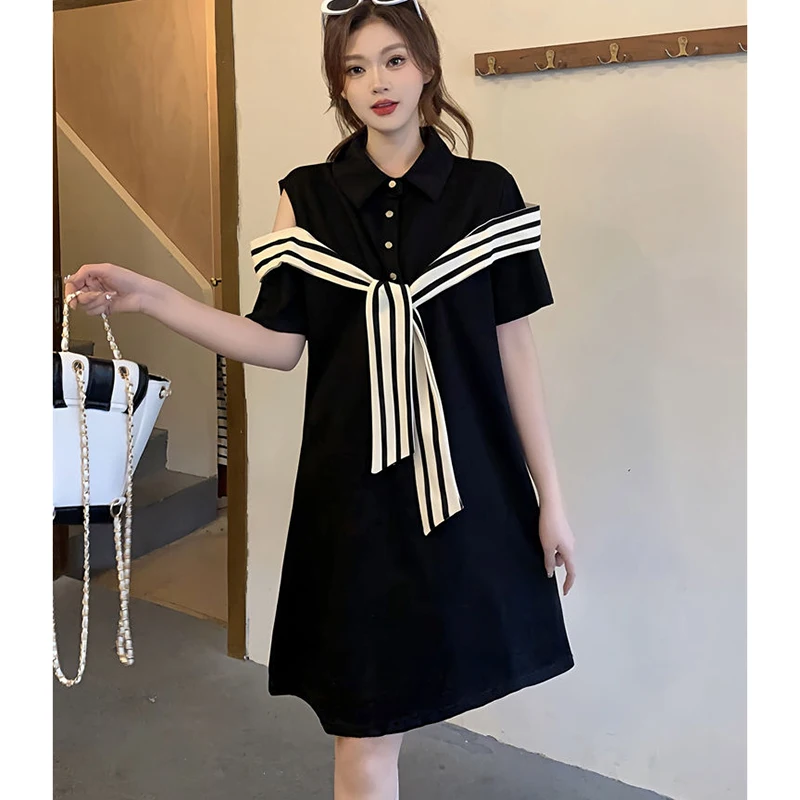 Fashion Lapel Striped Lace Up Off Shoulder Casual Dresses Female Clothing 2024 Summer New Loose All-match Short Sleeve Dress