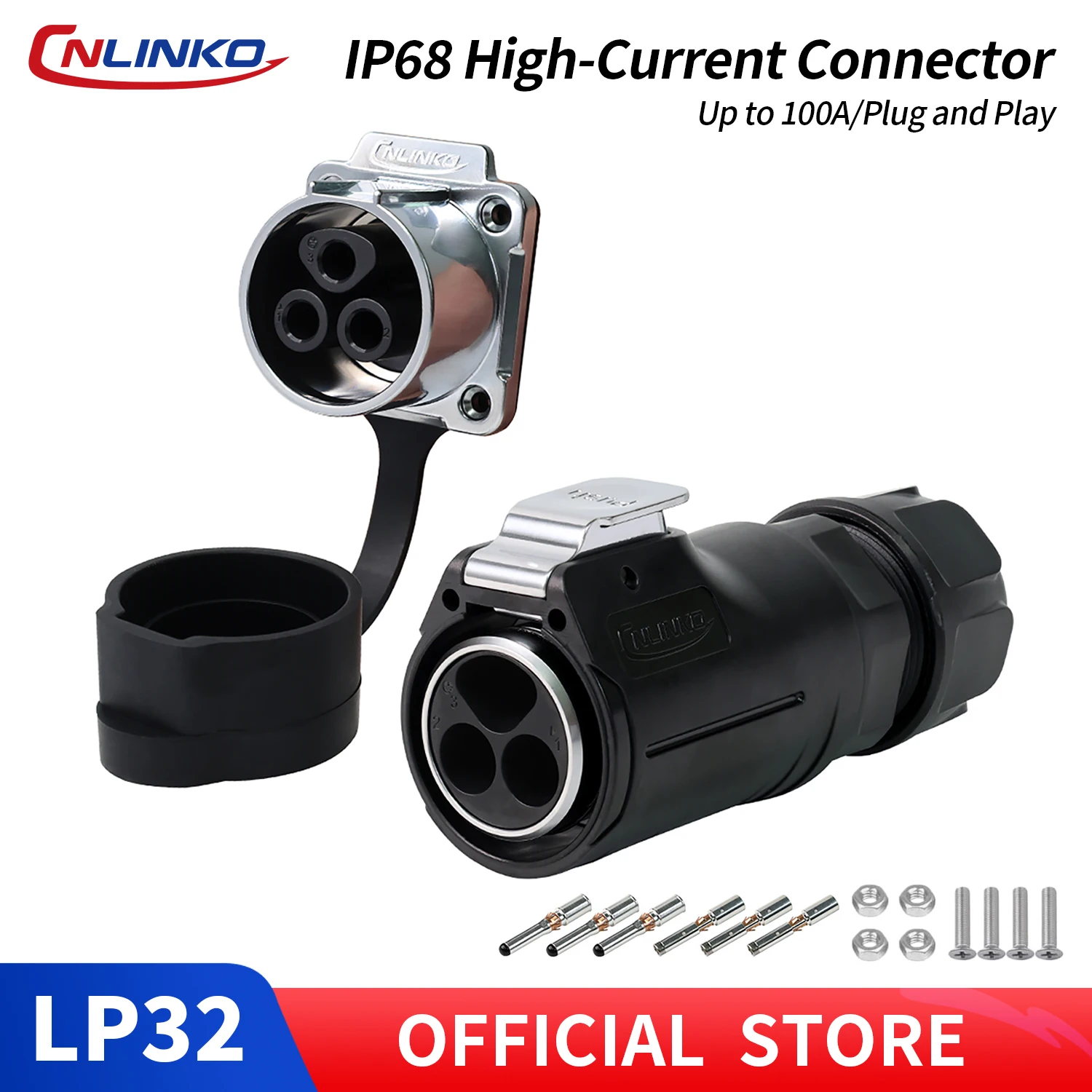 CNLINKO M32 IP68 Circular Heavy Duty Connector 3Pin/100A & 5Pin/50A Male/Female Set Solder/Crimp Type for Industrial Automation