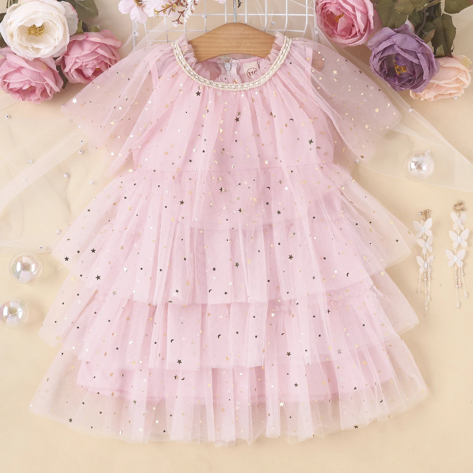 Summer 3-8 Years Old Girls Comfortable Cool Beautiful Decorated Girls Pink Vest Mesh Cake Dress Dots