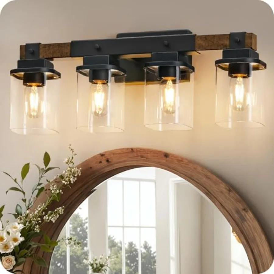 

4-Light Bathroom Light Fixtures Farmhouse Vanity Lights for Bathroom with Glass Square Shade Rustic Vanity Lights Sconce Wall L