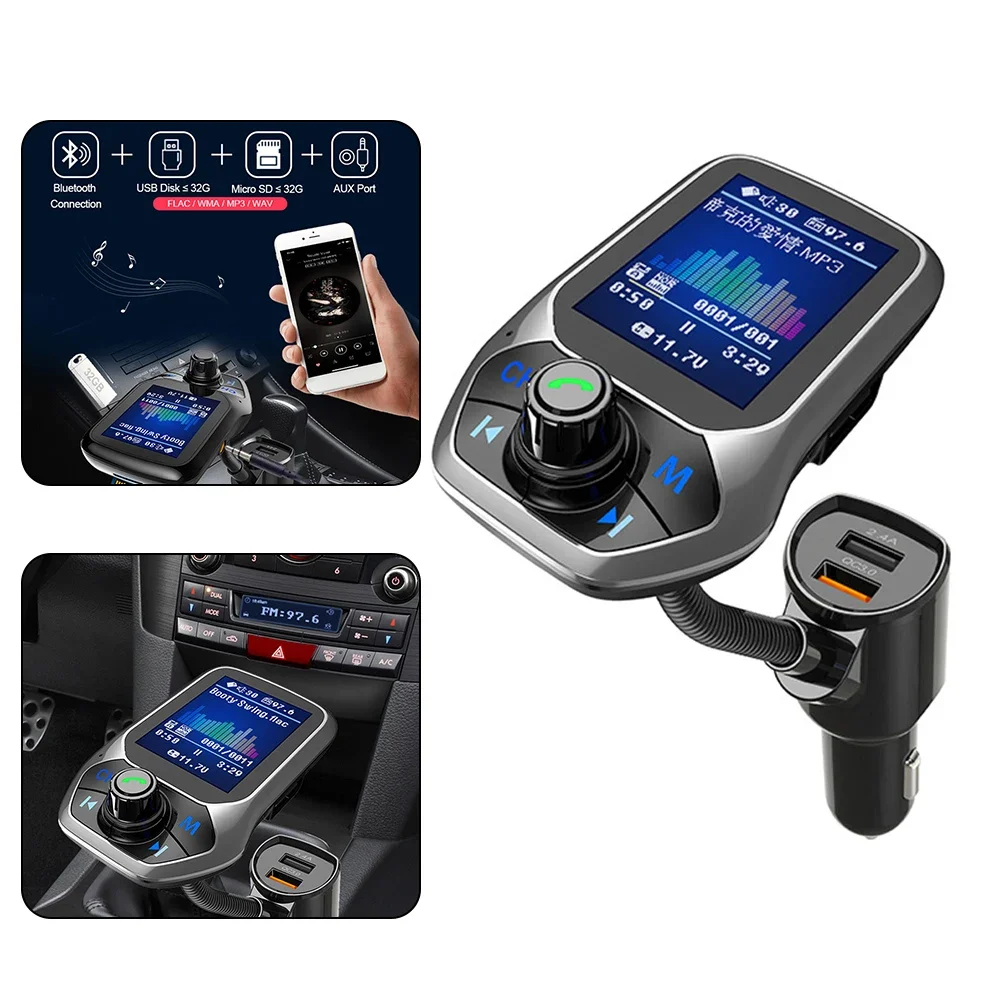 USB Quick Charge T43 Bluetooth 5.0 FM Transmitter MP3 Music Player 1.8inch TFT Color Display Bluetooth Car Kit Handsfree