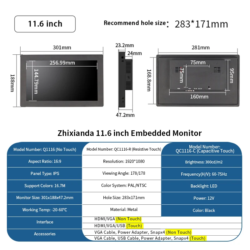 Imagem -06 - Industrial Panel Mount Touch Monitor Display Embutido Hdmi Vga Interface Usb para Automação Industrial 11.6 1920x1080