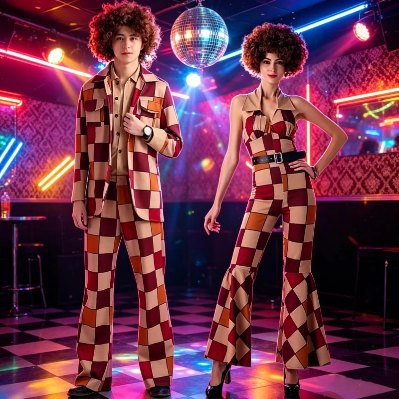 

RE Halloween Retro Couple Wild Party 60s 70s Grey Plaid Hippie Cosplay Costume Stage Show Music Festival Disco Masquerade Set
