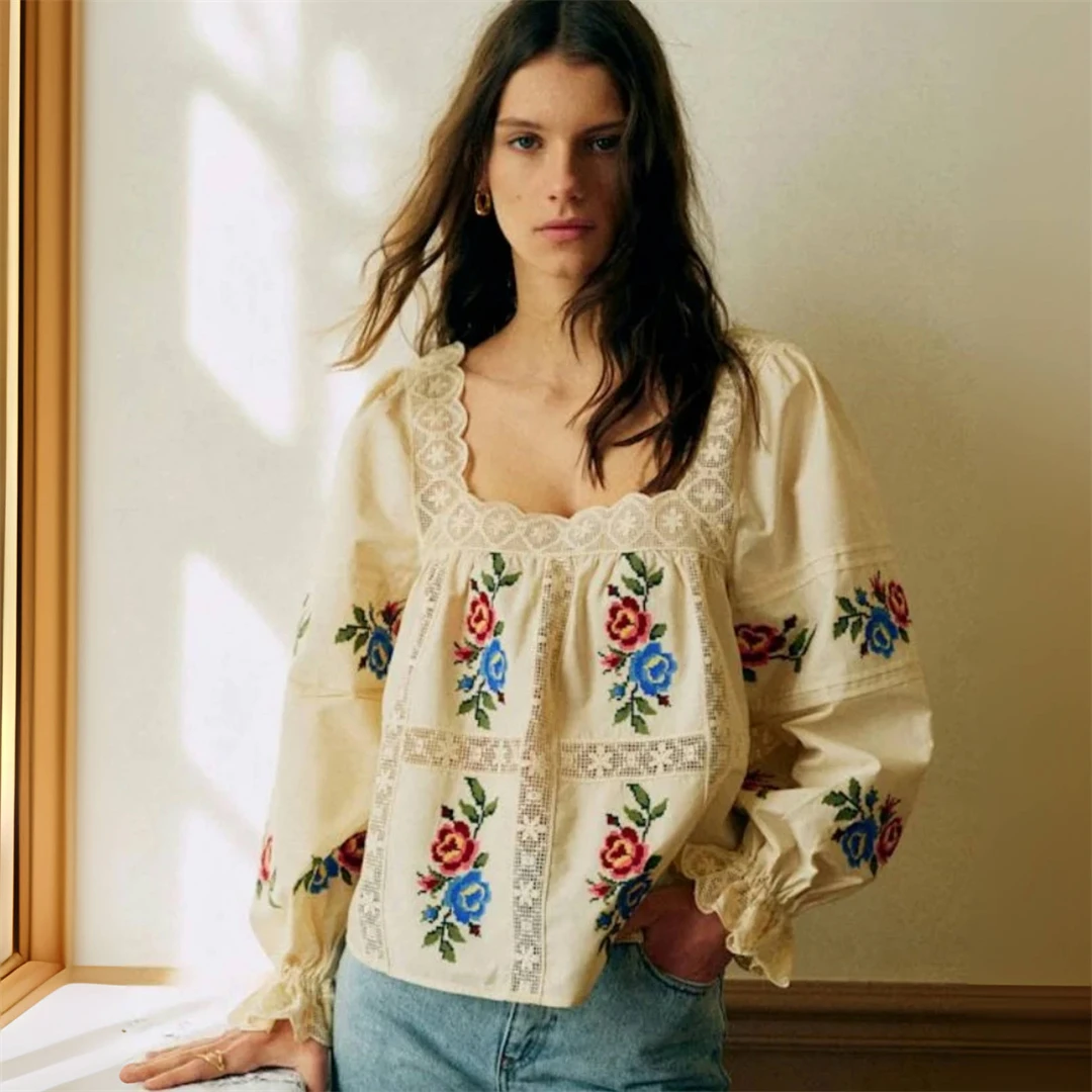 

Paris Seza Floral Embroidery Shirt Cross Stitched Rose Square Collar Loose Fit Cotton Bubble Sleeve Women's Spring Summer Blouse