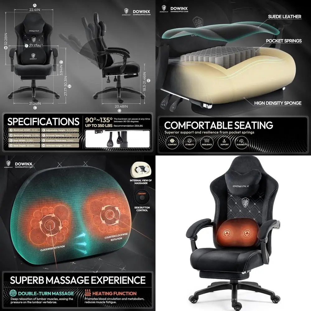 

Эргономичное игровое кресло с высокой спинкой, подогревом, массажем и поясничной поддержкой для взрослых, с мягким сиденьем и подставкой для ног, черное