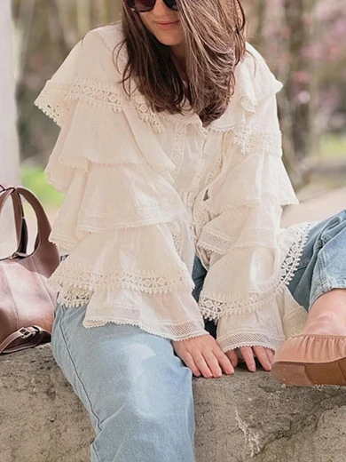

Romantic Lady's Shirt Lace Layered Bell Sleeve V-neck French Style Cotton Long Sleeve Cool Sensation Women's Fashion Spring 2026