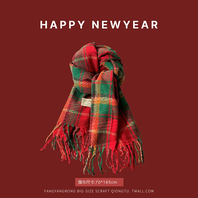 2024 New Red Christmas Scarf Winter Imitation Cashmere Winter Warmth Women\'s Fashion Plaid Scarf Christmas Gifts