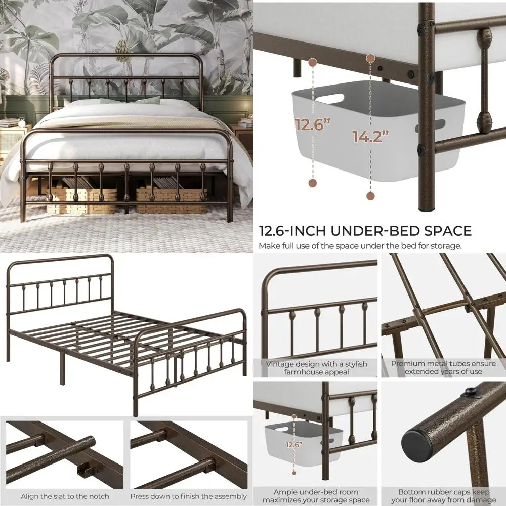 Victorian Style Metal Platform Bed Frame with Iron Art Headboard, Footboard, and Storage for Mattress Foundation