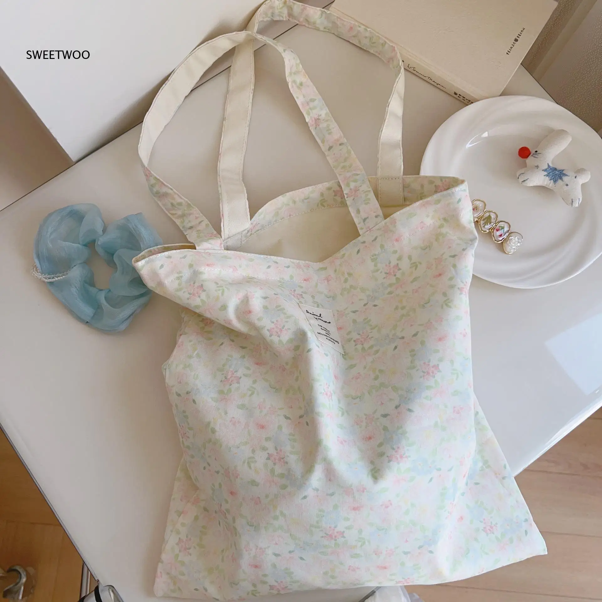 2026 Cute Cartoon Animal Grid Print Canvas Tote Bag Multi Pastel Color Large Capacity Girly Daily School Shoulder Purse