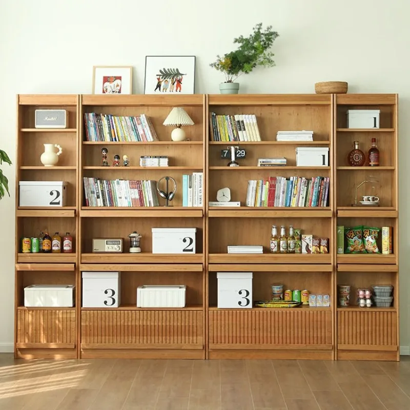 Solid wood bookcase The whole wall of the living room is a simple storage and storage bookcase combination