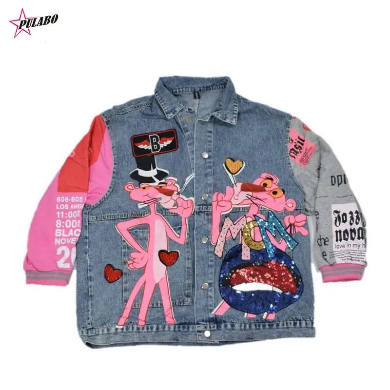 PULABO y2kest Spring and Autumn Denim Jacket Woman Sequin Splice Thin Coat Anime Cartoon Alphabet Casual Jacket