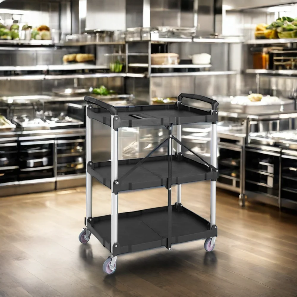 New Wholesale 3-Tier Folding Trolley Kitchen Equipment for Dining Service Restaurant Food Carts Service Trolley