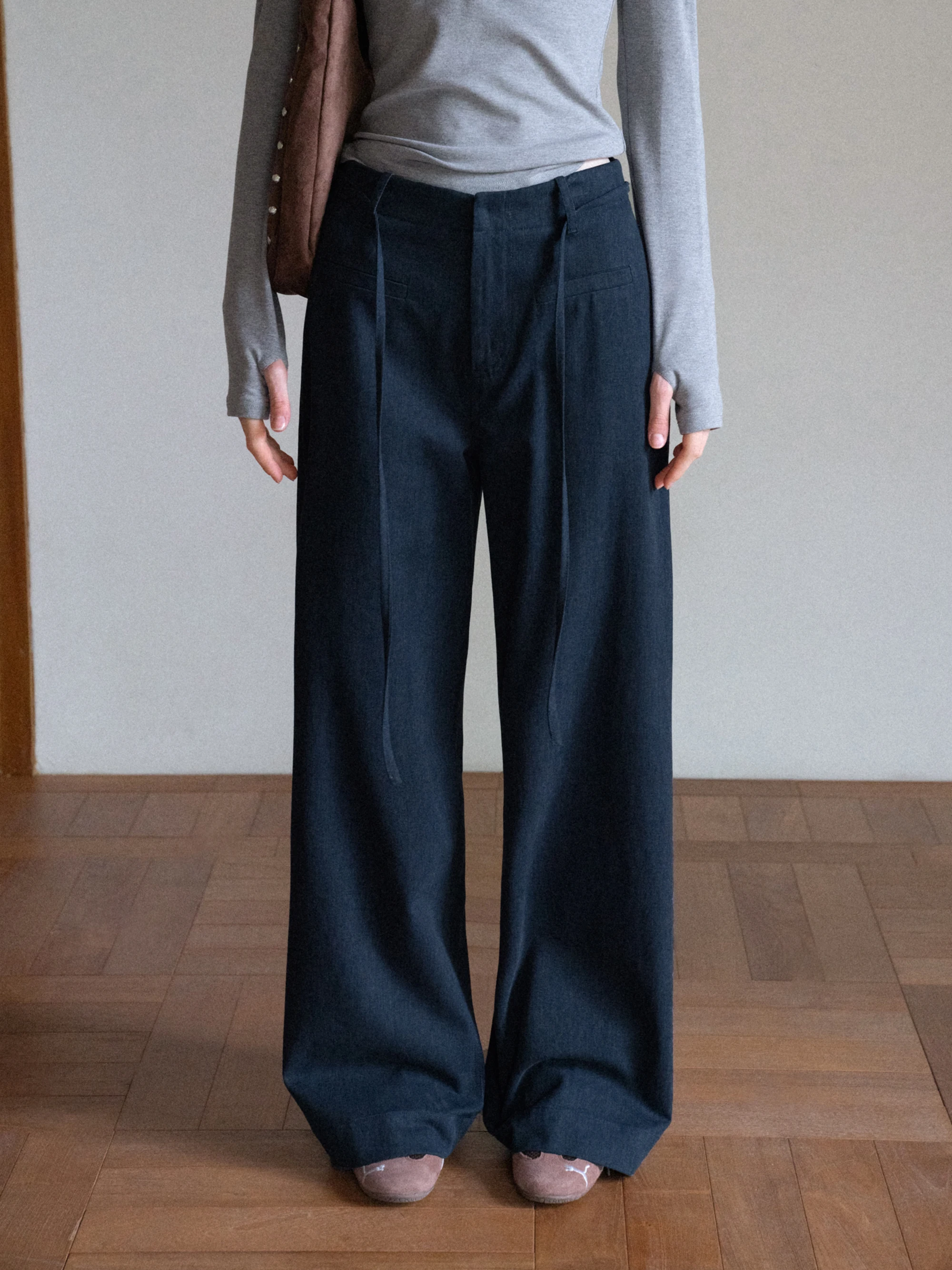 

Eggka синие прямые повседневные брюки с высокой талией, свободные тонкие широкие брюки, универсальные длинные брюки, женская мода