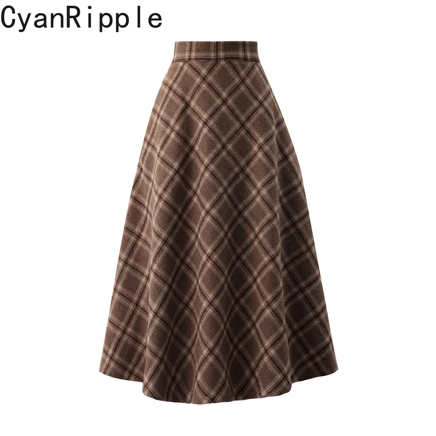 All-match Autumn Winter Retro Grid Mid-length Coffee Woolen Skirt Women Elegant High Waist Casual A-line Wool Pleated Skirts