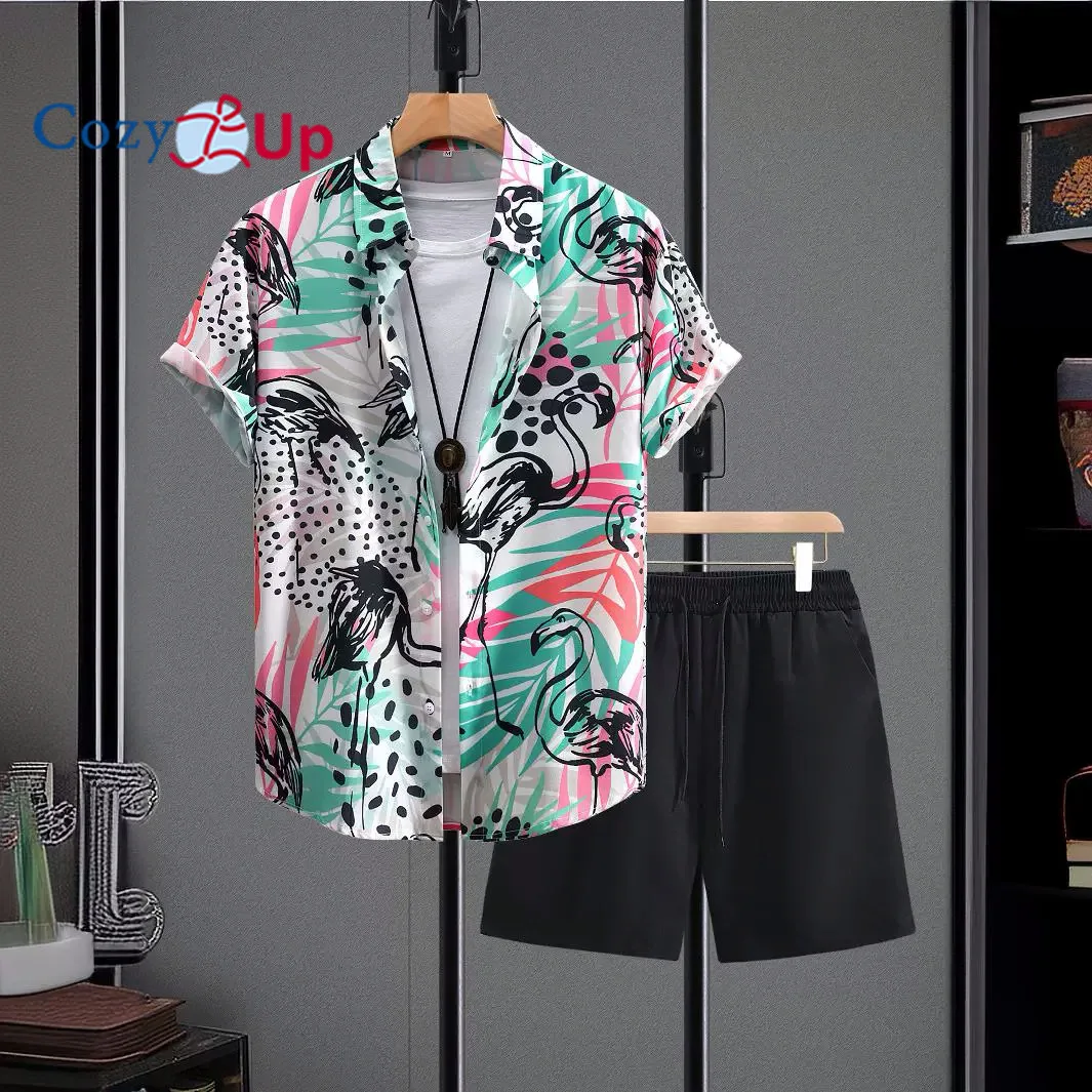 Men's Two Piece Outfits Floral Button Up Short Sleeve Shirt and Shorts Sets