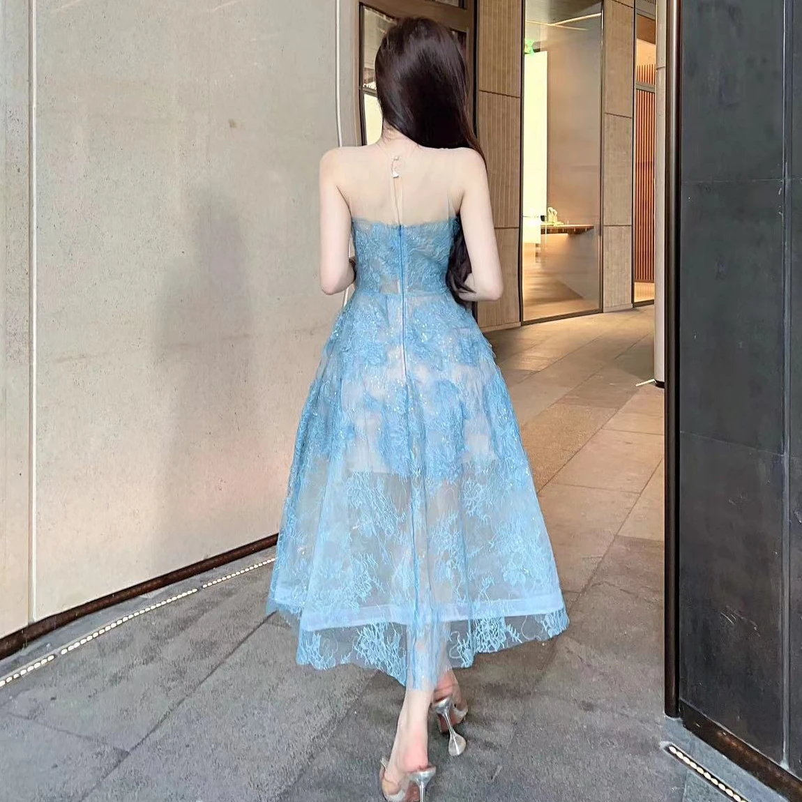 20234 Blue Lace Dress Women Vintage Slash Neck Elegance Evening Dresses Female Bing Flower Mesh Vestido Party Luxury Design