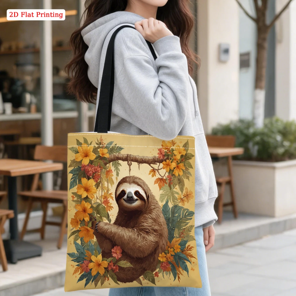 1pc Vintage Style Shoulder Bag Yellow Floral Sloth Print Tote Bag For Shopping Travel Daily Use Large Capacity Storage Handbag P