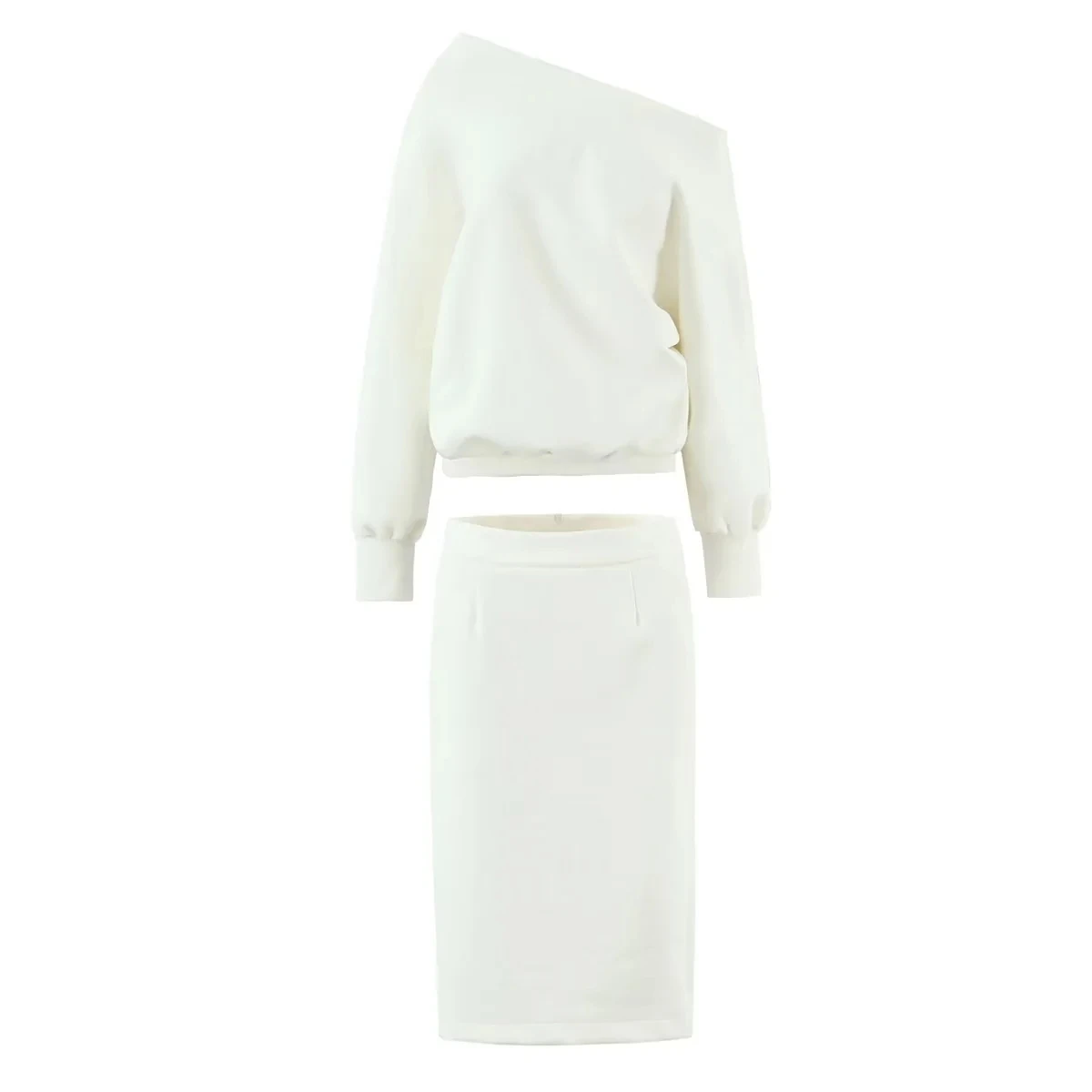 ゆったりとしたロング丈の肩出しパーカーとスカートのツーピースセット、ホワイト、カジュアルで快適な高品質ストリートスタイル