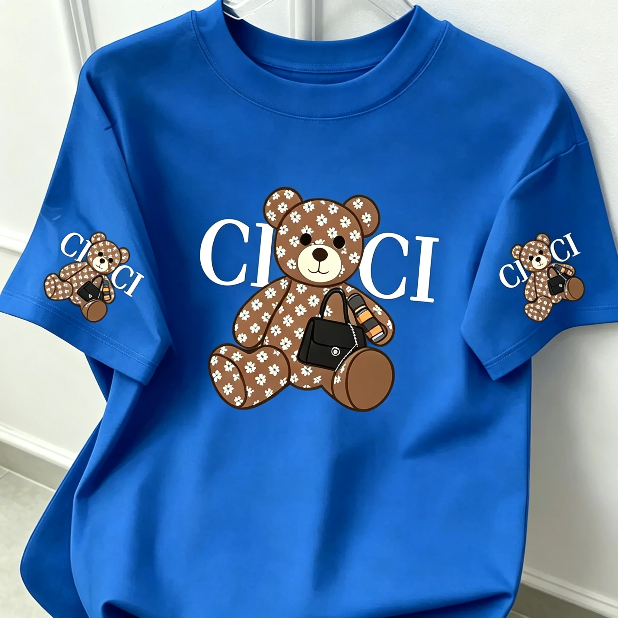 Unisex-T-Shirt aus Baumwolle mit Monogramm-Bär- und CI-CI-Buchstaben-Aufdruck, Design auf Brust und Ärmeln, O-Ausschnitt, Streetwear, Sommer, lässige Kurzarm-Tops – Detail 5