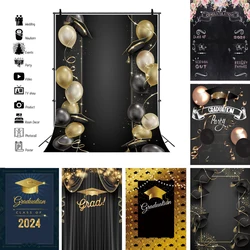 2024 Graduation Backdrop Black Gold Glitter Graduation Cap Photography Background Congrats Grad Party Banner Decor