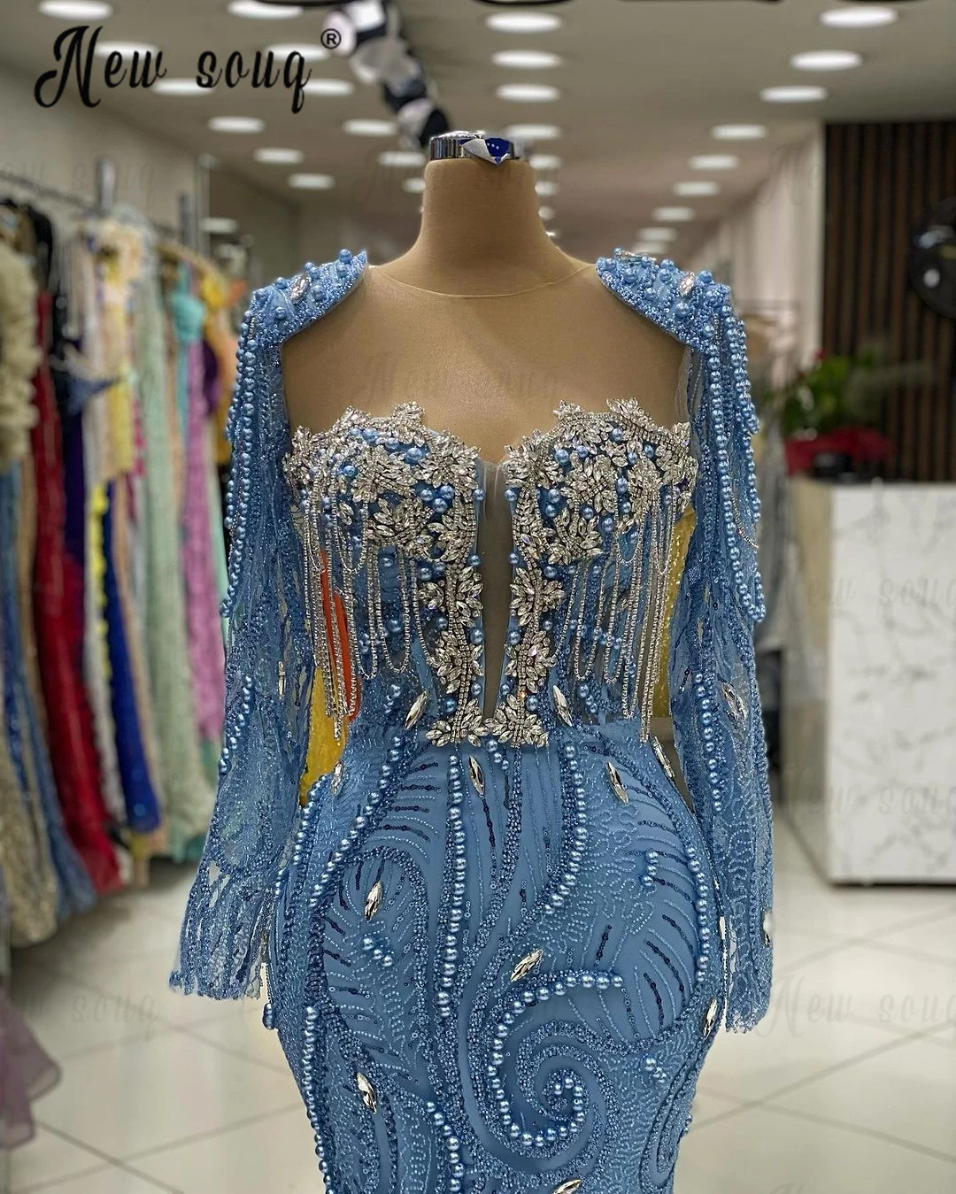 Vestido de festa manga comprida azul bebê feminino, pérolas frisadas africanas, vestidos formais de baile de casamento, luxo, alta costura, 2024