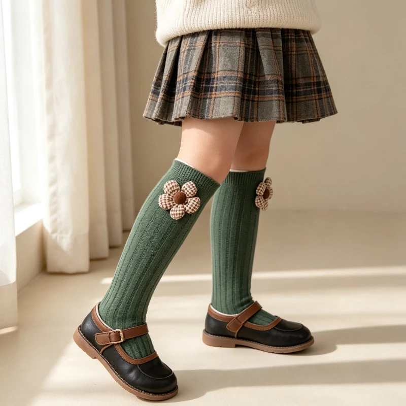 Kawaii Korean Style Girls Stockings Cute Cartoon Plaid Sunflower Detail Skin‑Friendly Pure Cotton High Elastic Breathable Socks