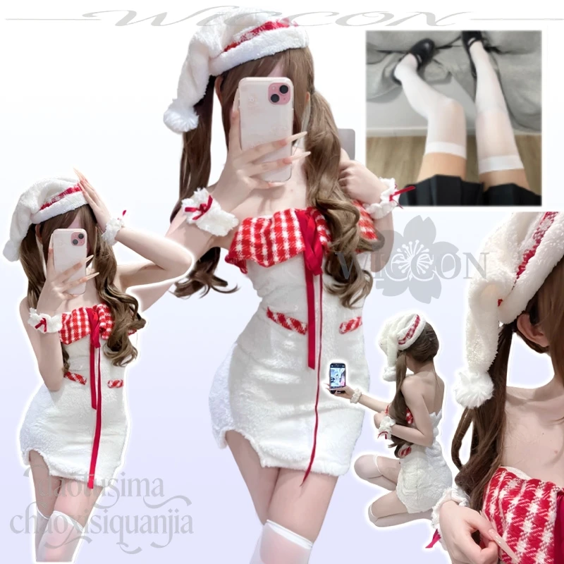 

Kawaii White Lolita Cosplay Dress Original Design Cute Fluffy Plaid Lace Halter Off-shoulder Bodycon Mini Christmas Event Party