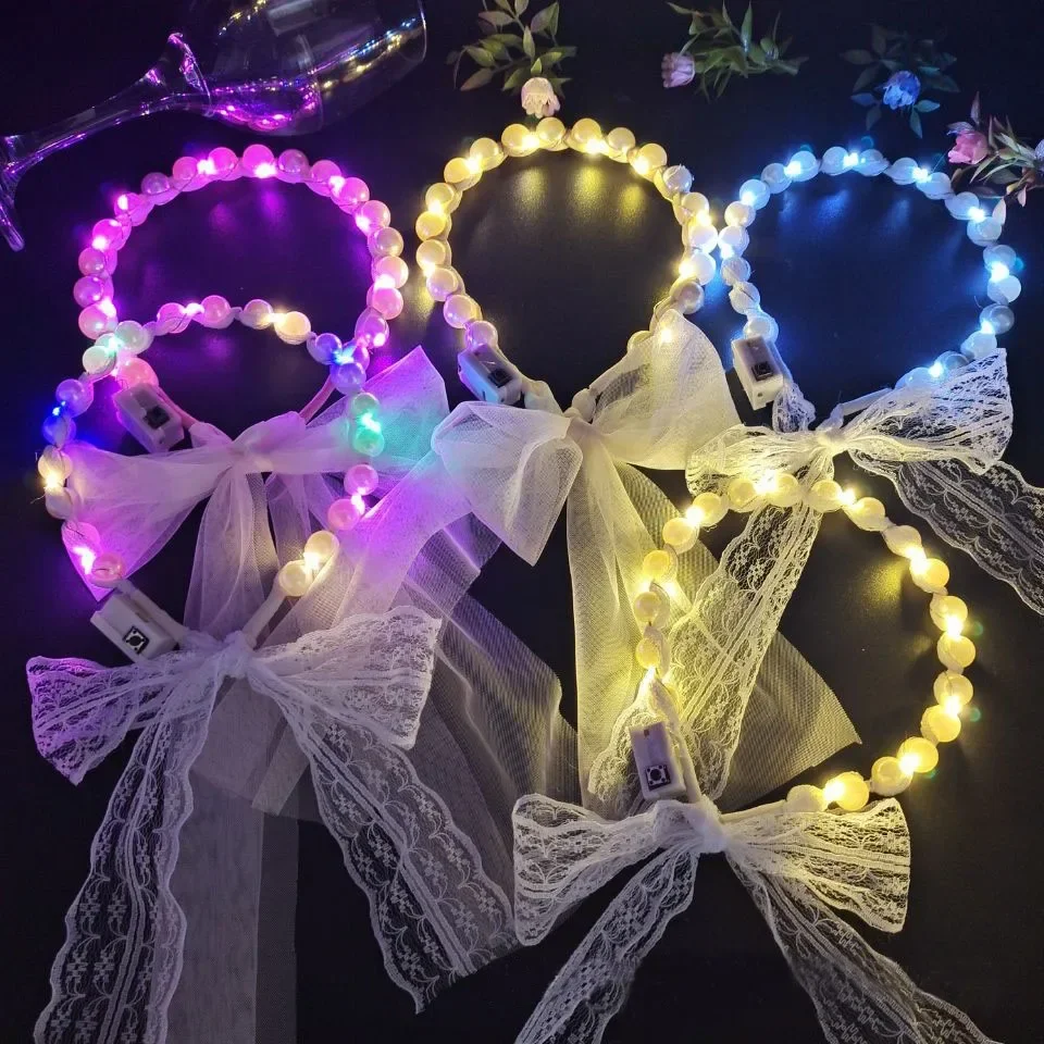 

10pcs Women Girls Hair Band Fairy Lights Lace Ribbon Light up Headband Tie Pearl Glow Party Wedding Festival Christmas Halloween