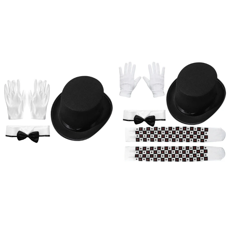 Fedoras +Bowtie + Glove Set Magicians Hat Black Short Brims Magicians Hat Cosplay Classical Bowtie and White Glove