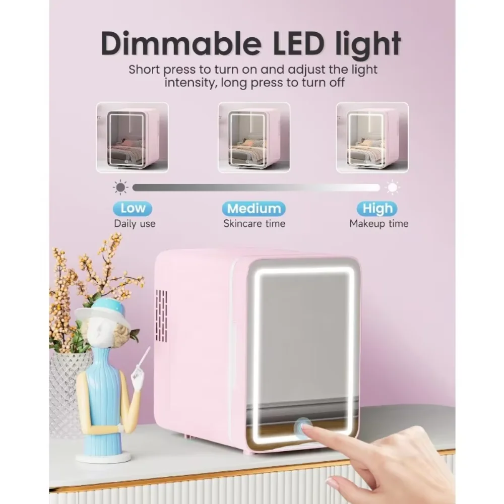 4L Skincare Fridge With LED Light Mirror, for Bedroom, Car, Office & Dorm, Cooler & Warmer, Portable Small Refrigerator
