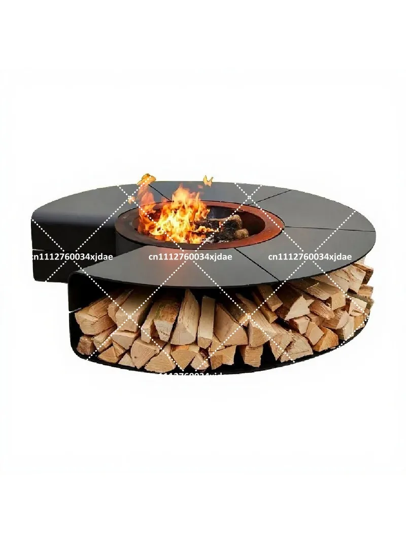 Outdoor Courtyard Wood Burning Fireplace Table with BBQ Net Cover Stainless Steel Heating for Home Landscape Decor
