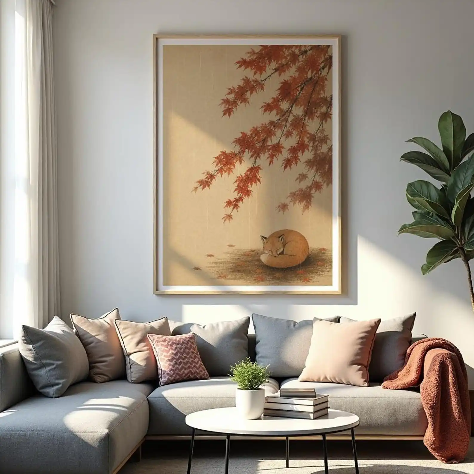 Retro Autumn Japanese Sleeping Fox Wall Decor Poster - Unframed Wabi Sabi Neutral Canvas Prints Painting for Living Room Decor